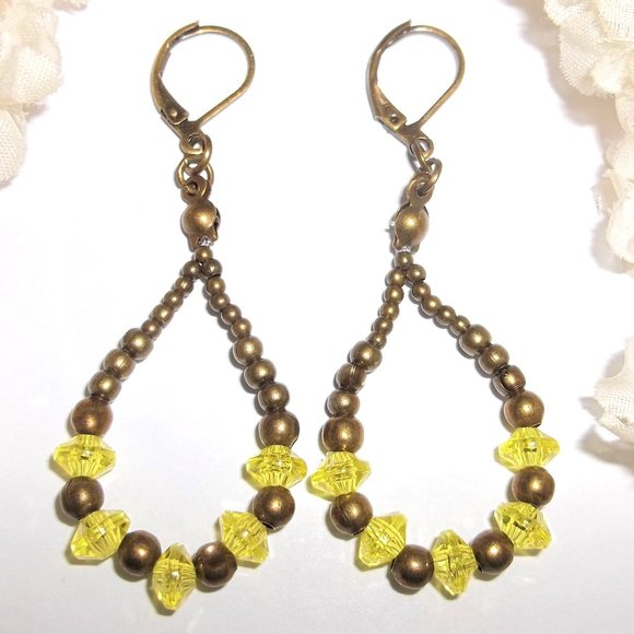 wvluckygirl Jewelry - Boho Hoop Earrings Brown Bronze and Yellow Beaded Dangle Teardrop Accessory 7036